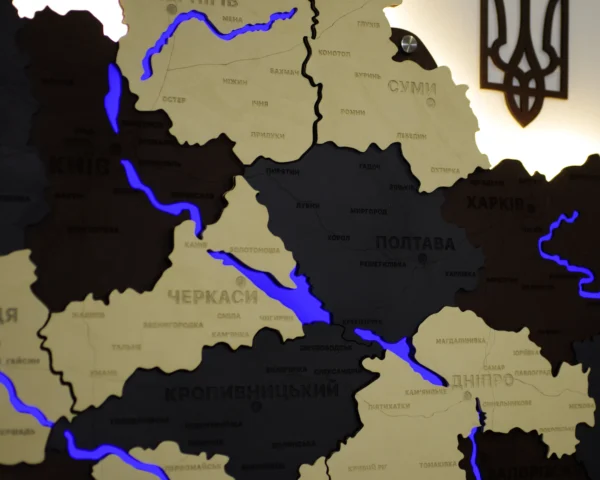 Карта України на стіну з підсвіткою річок колір Grand