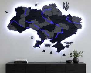 Багатошарова деревʼяна карта України з підсвіткою річок колір Grey