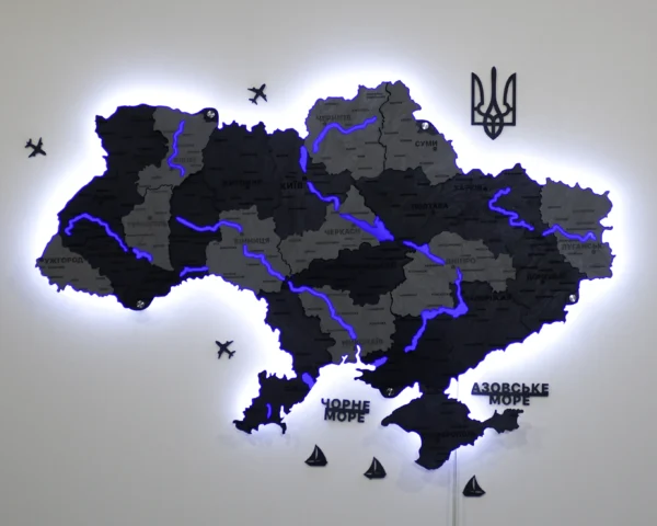 Багатошарова деревʼяна карта України з підсвіткою річок колір Grey