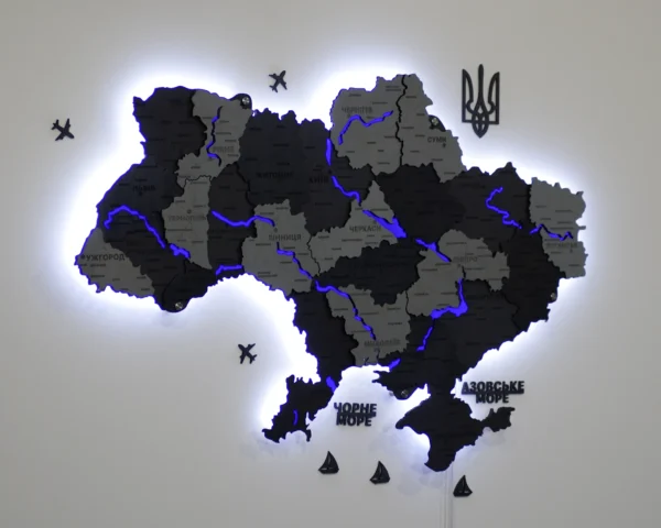 Багатошарова деревʼяна карта України з підсвіткою річок колір Grey