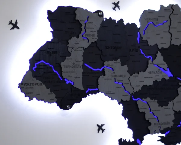 Багатошарова деревʼяна карта України з підсвіткою річок колір Grey