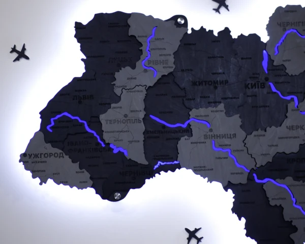 Багатошарова деревʼяна карта України з підсвіткою річок колір Grey