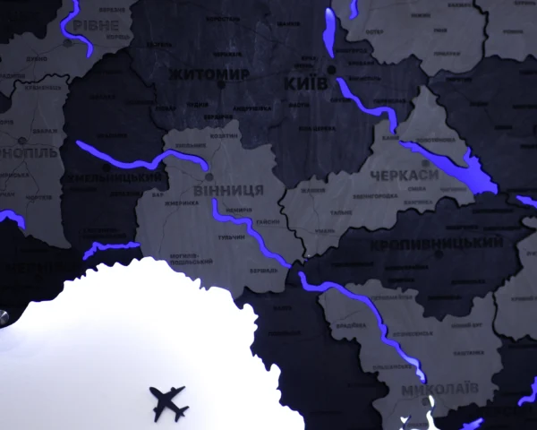 Багатошарова деревʼяна карта України з підсвіткою річок колір Grey