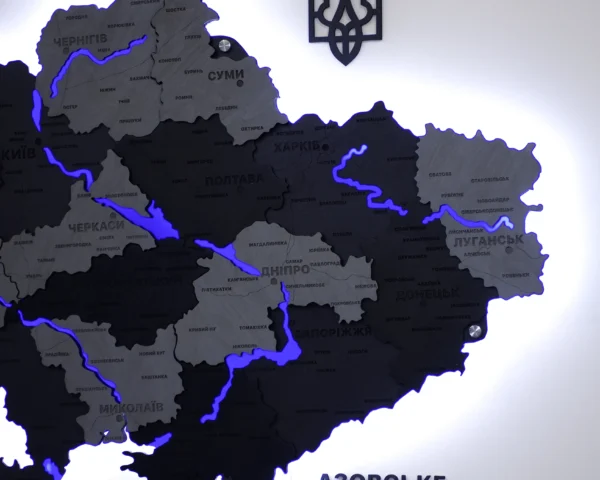 Багатошарова деревʼяна карта України з підсвіткою річок колір Grey