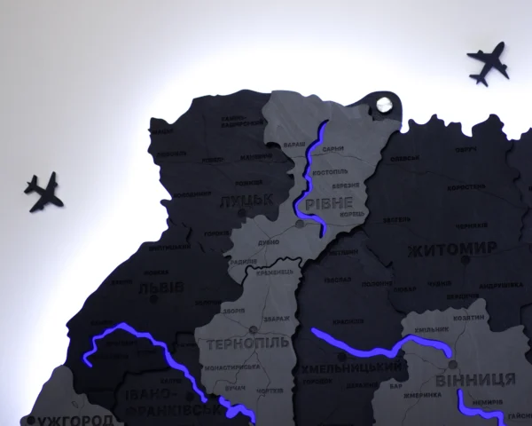 Багатошарова деревʼяна карта України з підсвіткою річок колір Grey