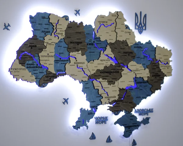 Деревʼяна карта України з підсвіткою річок та контурів колір Nord