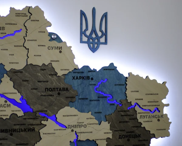 Деревʼяна карта України з підсвіткою річок та контурів колір Nord