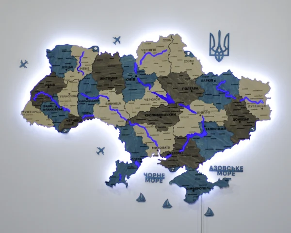 Деревʼяна карта України з підсвіткою річок та контурів колір Nord