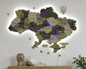 Деревʼяна 3D карта України з підсвіткою річок колір Olive