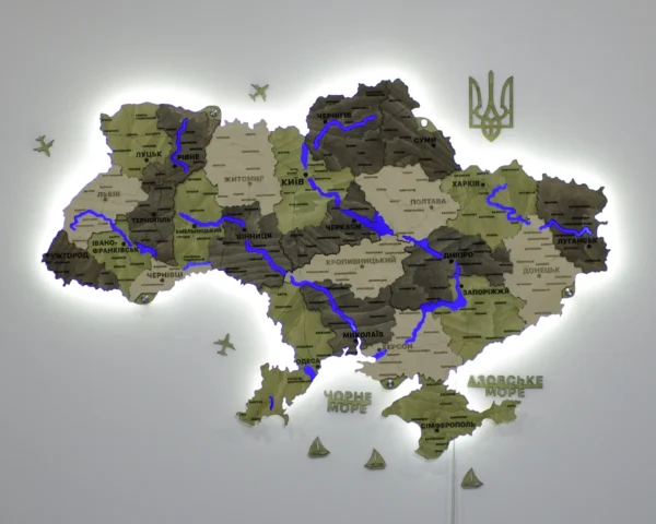 Деревʼяна 3D карта України з підсвіткою річок колір Olive