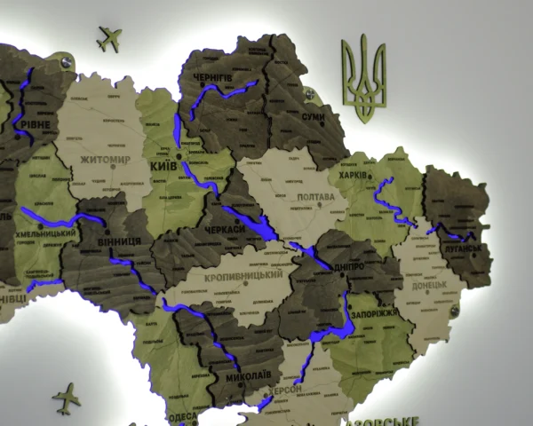 Деревʼяна 3D карта України з підсвіткою річок колір Olive