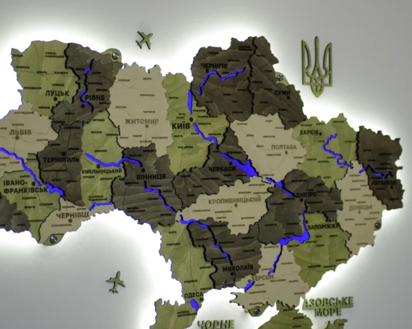 Деревʼяна 3D карта України з підсвіткою річок колір Olive