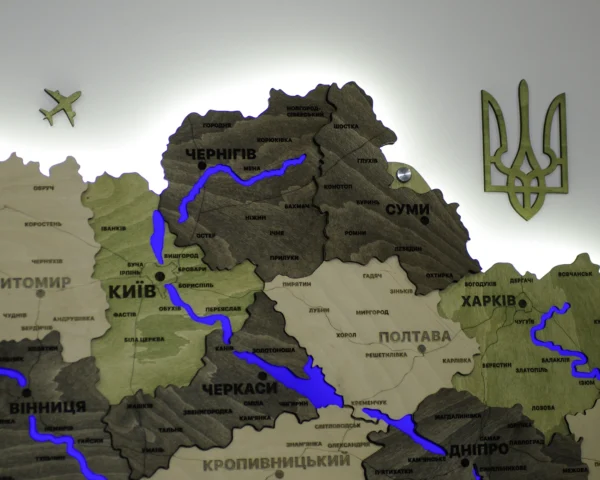 Деревʼяна 3D карта України з підсвіткою річок колір Olive