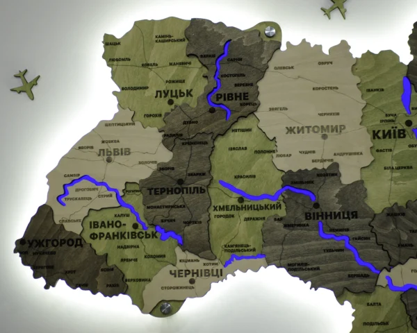 Деревʼяна 3D карта України з підсвіткою річок колір Olive