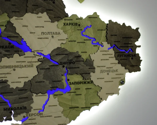 Деревʼяна 3D карта України з підсвіткою річок колір Olive