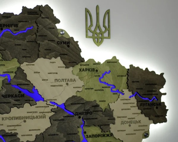 Деревʼяна 3D карта України з підсвіткою річок колір Olive
