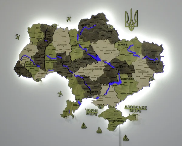 Деревʼяна 3D карта України з підсвіткою річок колір Olive