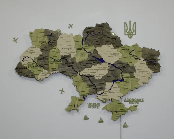 Деревʼяна 3D карта України з підсвіткою річок колір Olive
