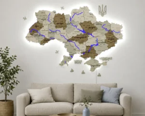 Карта України із дерева з підсвіткою річок та контурів колір Soft