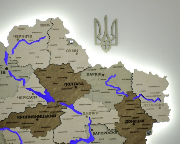 Карта України із дерева з підсвіткою річок та контурів колір Soft