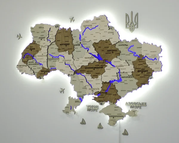 Карта України із дерева з підсвіткою річок та контурів колір Soft