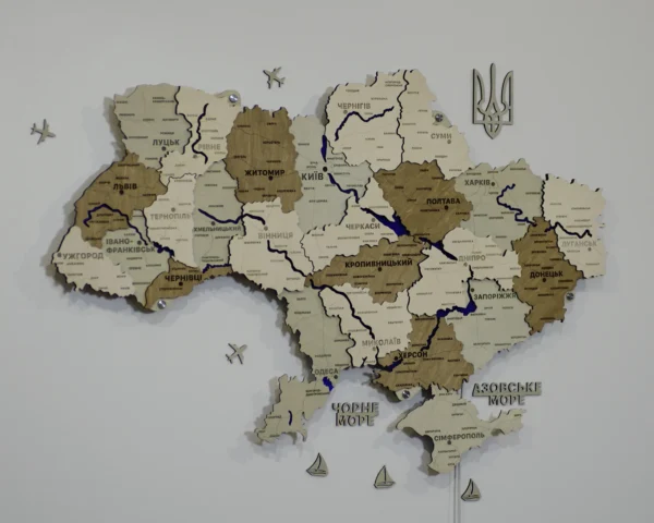 Карта України із дерева з підсвіткою річок та контурів колір Soft