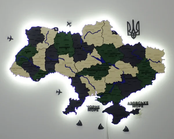 Карта України на стіну з фарбованими річками та підсвіткою по контуру колір Alpine