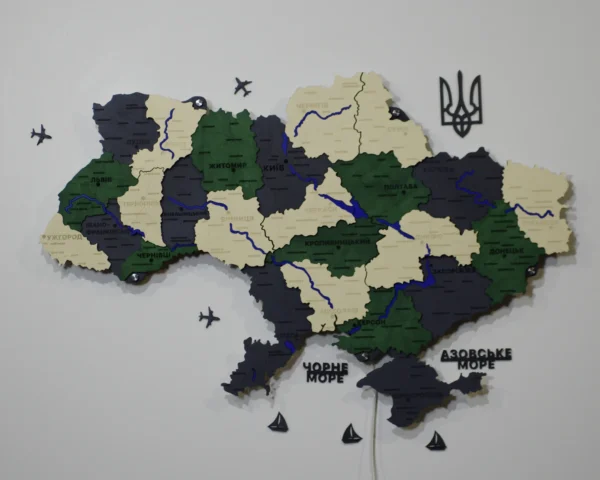 Карта України на стіну з фарбованими річками та підсвіткою по контуру колір Alpine
