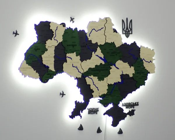 Карта України на стіну з фарбованими річками та підсвіткою по контуру колір Alpine