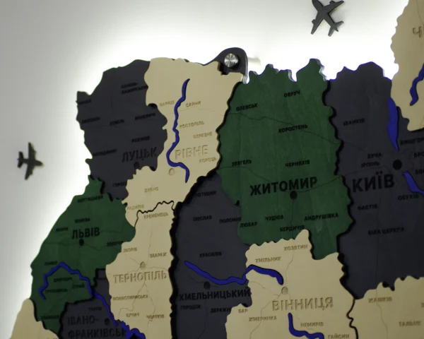 Карта України на стіну з фарбованими річками та підсвіткою по контуру колір Alpine