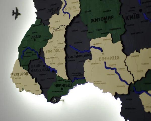 Карта України на стіну з фарбованими річками та підсвіткою по контуру колір Alpine