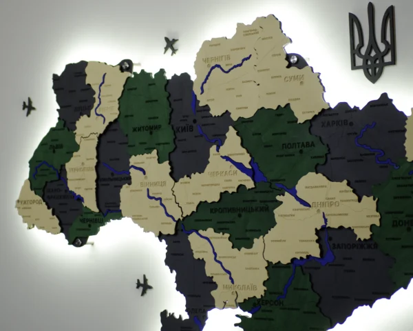 Карта України на стіну з фарбованими річками та підсвіткою по контуру колір Alpine