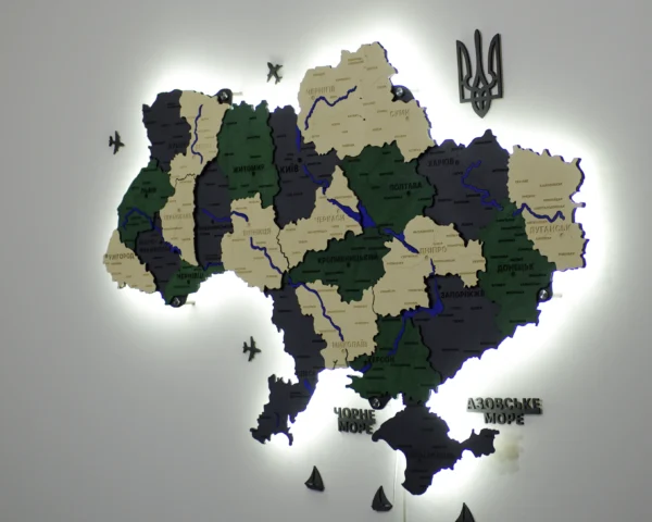 Карта України на стіну з фарбованими річками та підсвіткою по контуру колір Alpine