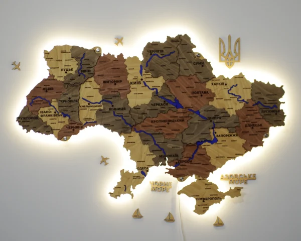 Багатошарова карта України з мальованими річками та підсвіткою по контуру колір Amber