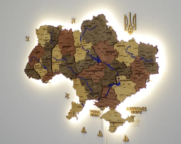 Багатошарова карта України з мальованими річками та підсвіткою по контуру колір Amber