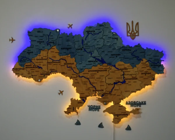 Настінна карта України з мальованими річками та підсвіткою по контуру колір Flag
