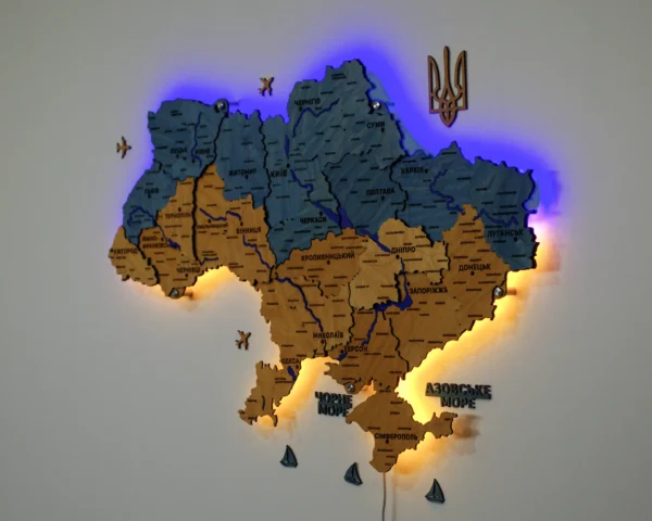 Настінна карта України з мальованими річками та підсвіткою по контуру колір Flag