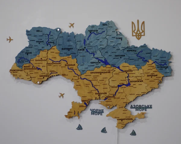 Настінна карта України з мальованими річками та підсвіткою по контуру колір Flag