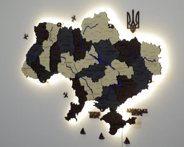 Багатошарова деревʼяна карта України з мальованими річками та підсвіткою колір Grand