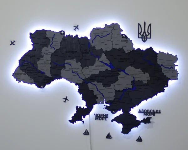 Карта України 3D на стіну з фарбованими річками та підсвіткою по контуру колір Grey