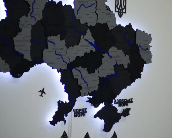 Карта України 3D на стіну з фарбованими річками та підсвіткою по контуру колір Grey