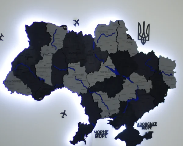 Карта України 3D на стіну з фарбованими річками та підсвіткою по контуру колір Grey