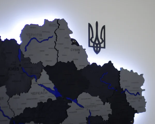 Карта України 3D на стіну з фарбованими річками та підсвіткою по контуру колір Grey