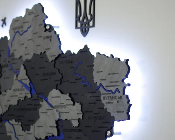 Карта України 3D на стіну з фарбованими річками та підсвіткою по контуру колір Grey