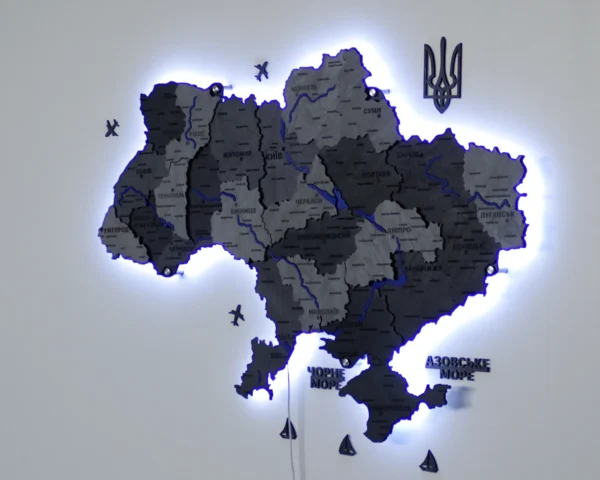 Карта України 3D на стіну з фарбованими річками та підсвіткою по контуру колір Grey