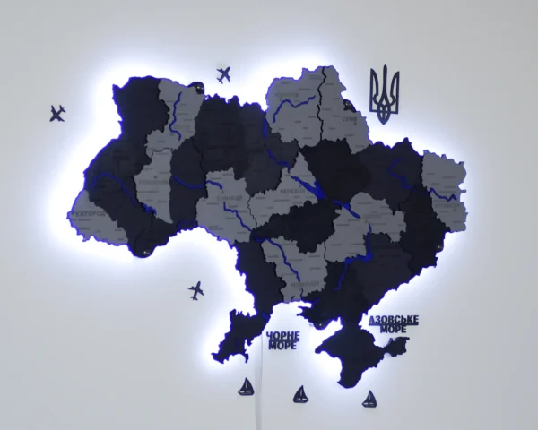 Карта України 3D на стіну з фарбованими річками та підсвіткою по контуру колір Grey