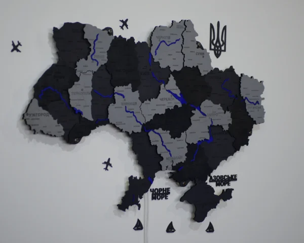 Карта України 3D на стіну з фарбованими річками та підсвіткою по контуру колір Grey