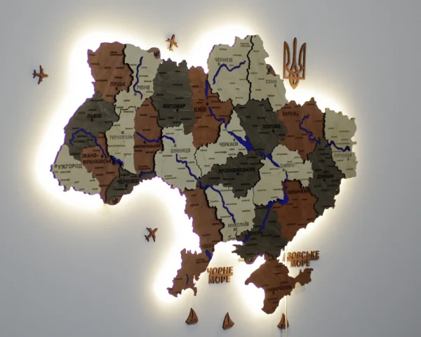 Карта України з LED-підсвіткою та мальованими річками колір Maple