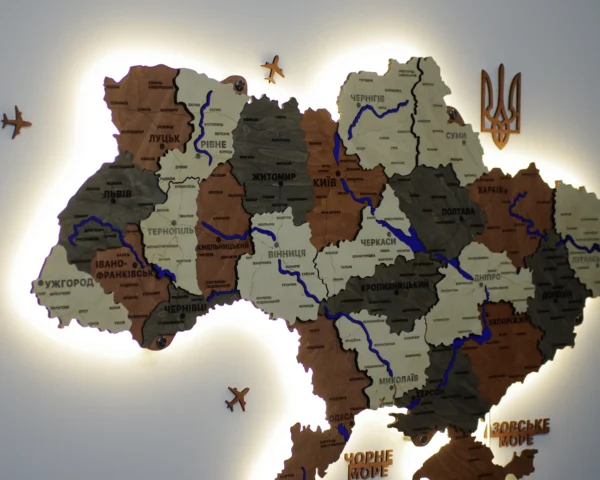 Карта України з LED-підсвіткою та мальованими річками колір Maple