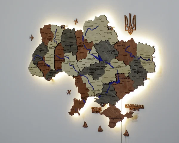Карта України з LED-підсвіткою та мальованими річками колір Maple